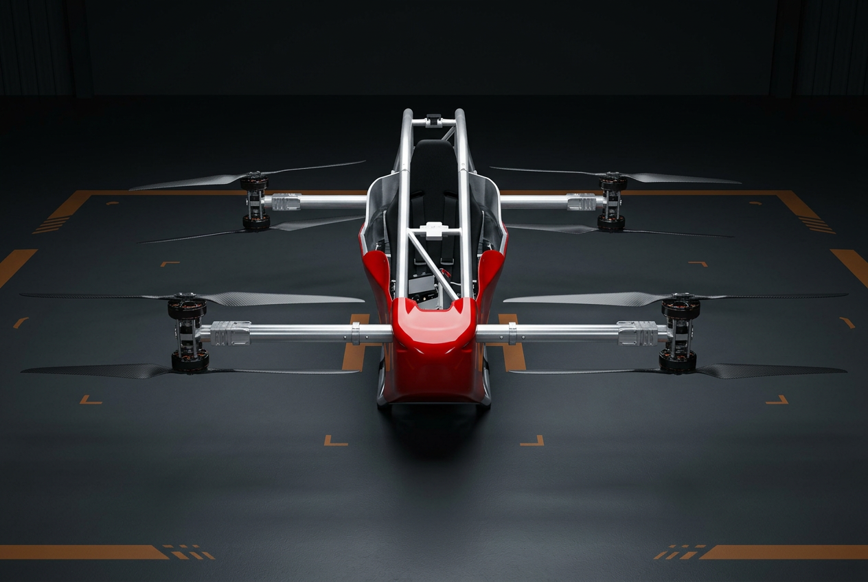 Front view of the eVTOL prototype airframe on a test pad